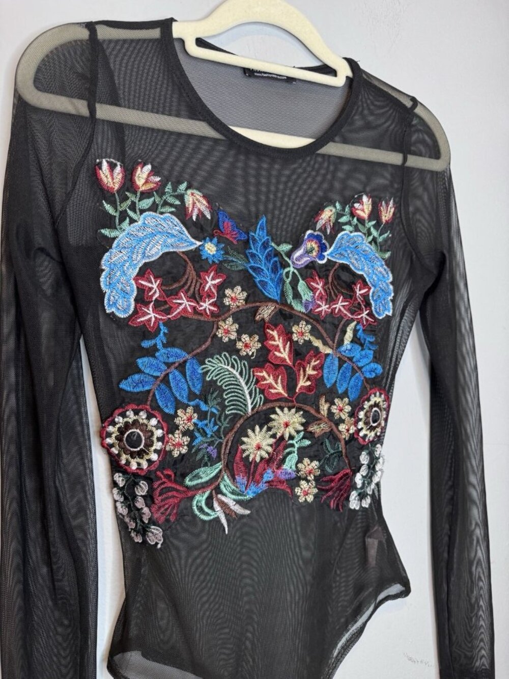 Black Embroidered Sheer Bodysuit Small Women’s Long Sleeve Floral Flower - Picture 3 of 5